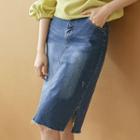 Slit-side Distressed Midi Denim Skirt