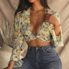 Bell-sleeve V-neck Floral Print Crop Blouse