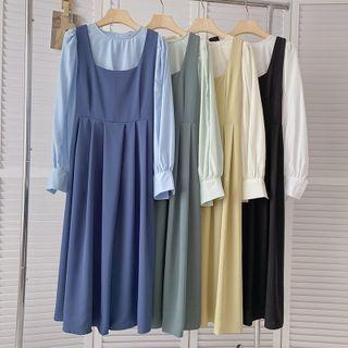 Set: Puff-sleeve Shirred Blouse + Midi Overall Dress