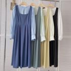 Set: Puff-sleeve Shirred Blouse + Midi Overall Dress