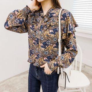 Tie-front Frill-trim Floral Top