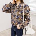 Tie-front Frill-trim Floral Top