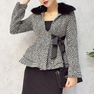 Set: Faux Fur Collar Peplum Tweed Jacket + Straight Fit Skirt
