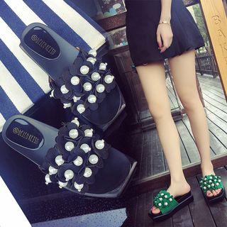 Faux-pearl Flower Platform Slide Sandals
