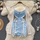 Long-sleeve Lace Panel Drawstring Mini Sheath Dress