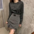 Long-sleeve Leopard Print Top / Drawstring Mini Skirt