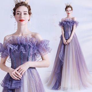 Off-shoulder Ruffle Trim Gradient A-line Evening Gown