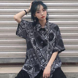 Elbow-sleeve Printed Blouse Black - One Size
