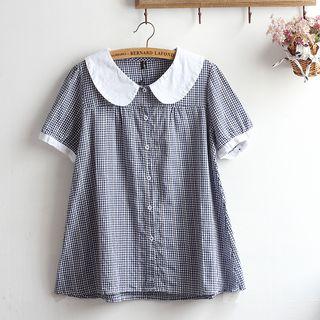 Peter Pan Collar Gingham Short-sleeve Shirt
