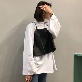 Set : Plain Long-sleeve T-shirt + Faux Leather Spaghetti Strap Top