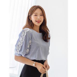 Plus Size Puff-sleeve Lace-trim Top