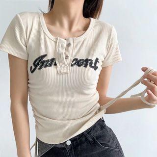 Lettering Short-sleeve Ribbed Drawstring Crop T-shirt