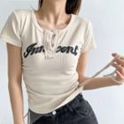 Lettering Short-sleeve Ribbed Drawstring Crop T-shirt