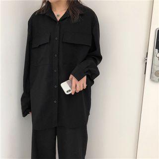 Long-sleeve Plain Collar V-neck Button-up Loose-fit Blouse Black - One Size