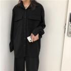 Long-sleeve Plain Collar V-neck Button-up Loose-fit Blouse Black - One Size