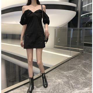 V-neck Off-shoulder Dress Black - One Size
