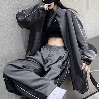 Stand Collar Zip-up Jacket / Wide-leg Sweatpants