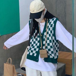 Checkerboard Pattern Sweater Vest / Cardigan