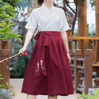 Set: Chinese Style Short-sleeve Top + A-line Midi Skirt