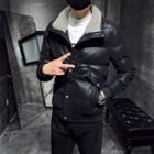 Fleece Panel Faux Leather Padded Zip Jacket