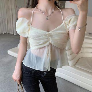 Short-sleeve Chiffon Blouse Yellow - One Size