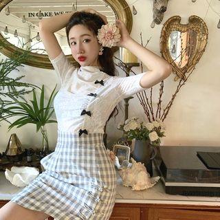 Lace Ribbon Accent Short-sleeve Top / Plaid High-waist Skirt