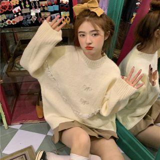 Lace Trim Bow Sweater Milky White - One Size