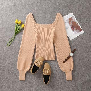 Cropped Bishop-sleeve Knit Top Almond - One Size