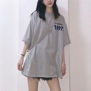 Short-sleeve Drop Shoulder Lettering Loose Fit Cotton T-shirt