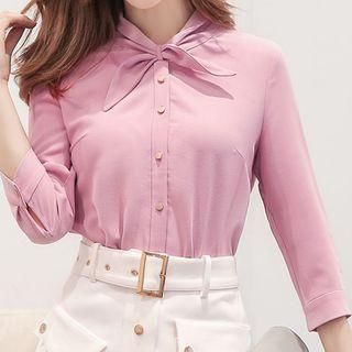 3/4-sleeve Tie Neck Blouse / A-line Skirt