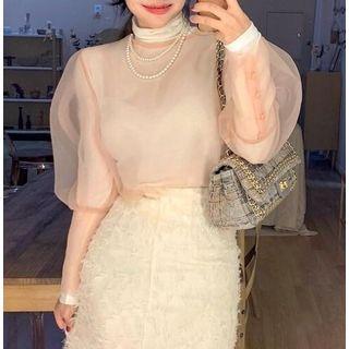 Turtleneck Long-sleeve T-shirt / Mesh Top