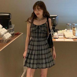 Spaghetti Strap Plaid Mini A-line Dress Charcoal Gray - One Size