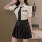 Short-sleeve Shirt / Pleated A-line Skirt / Neck Tie / Set