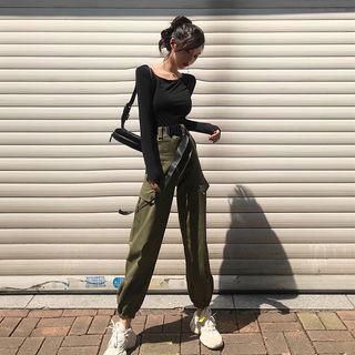 Long-sleeved Top / High-waist Cargo Jogger Pants With Belt