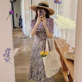 Set: Short Sleeve Ruched Top + Spaghetti-strap Floral Print A-line Dress