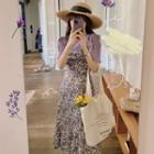 Set: Short Sleeve Ruched Top + Spaghetti-strap Floral Print A-line Dress