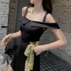 Set: Short-sleeve Cold Shoulder Ribbon A-line Mini Dress + Shorts
