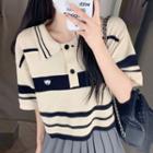 Short-sleeve Striped Knit Polo Shirt Almond - One Size