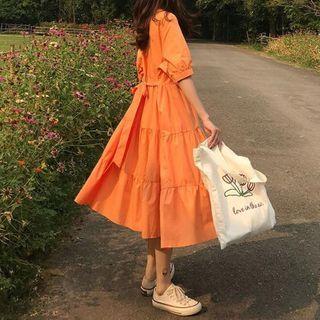 Tie-back Elbow-sleeve Midi Shift Dress