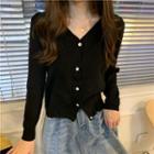 Long-sleeve V-neck Plain Button-up Loose Fit Cardigan