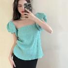 Puff-sleeve Square-neck Ruched Top Blue - One Size