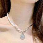 Alloy Coin Pendant Faux Pearl Choker Silver - One Size