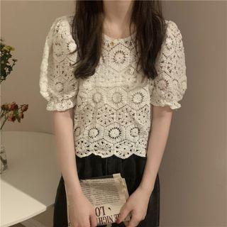 Puff-sleeve Crochet Cropped Blouse