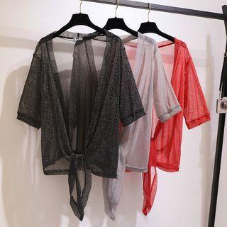 Open Front Glittered Sheer Tie-hem Cardigan