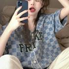 Short-sleeve Checker Print Denim Shirt
