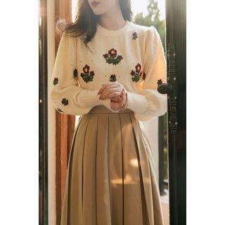 Set: Flower Embroidered Sweater + Midi Accordion Pleat Skirt