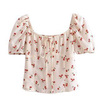 Puff-sleeve Cherry Print Top