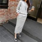 Set: Kangaroo-pocket Layered-hem Sweatshirt + Maxi Skirt