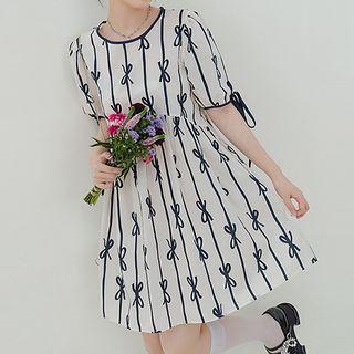 Puff-sleeve Ribbon Print Striped Mini A-line Dress Almond - One Size