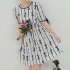 Puff-sleeve Ribbon Print Striped Mini A-line Dress Almond - One Size
